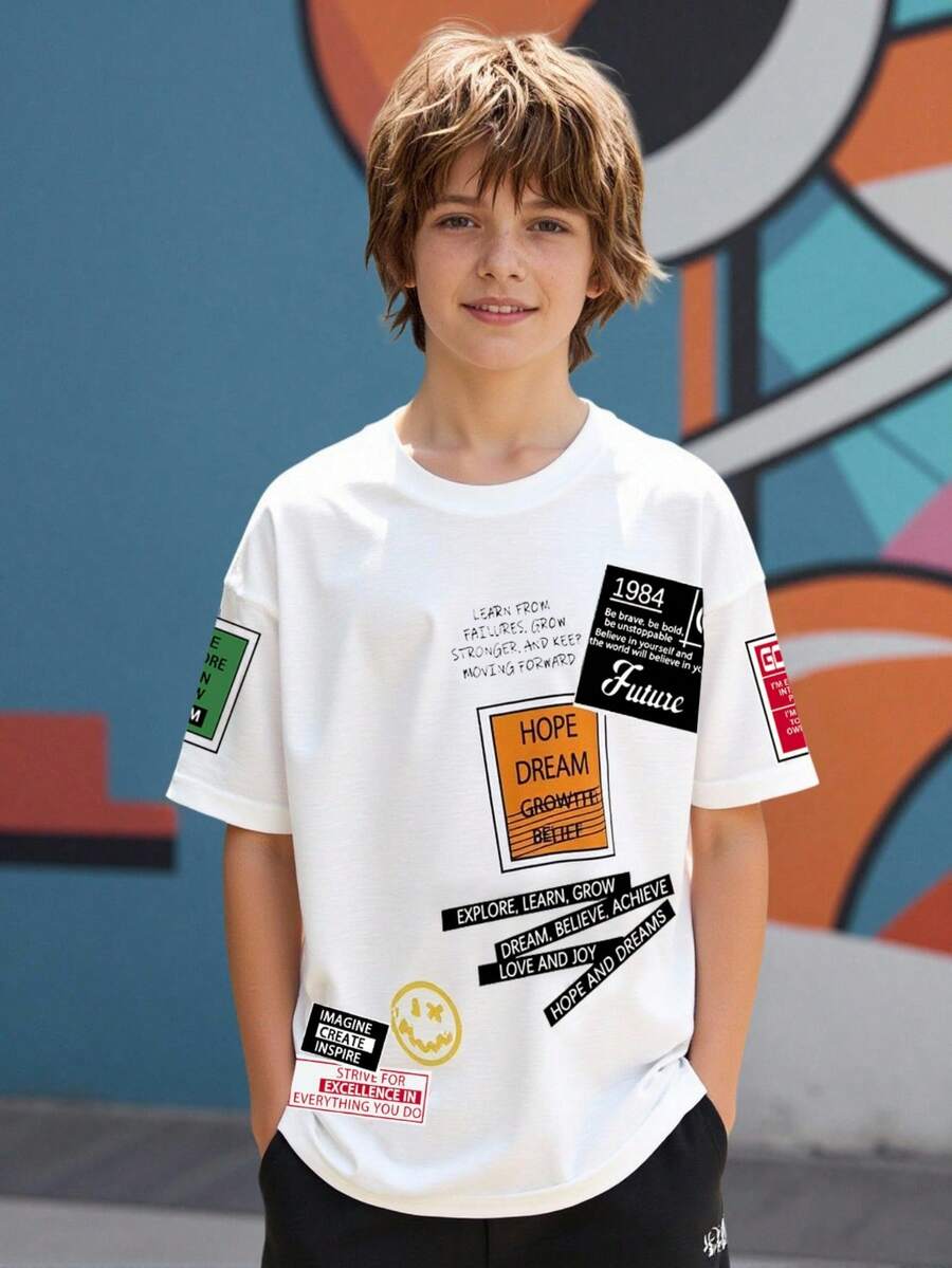 1pc Tween Boys' Summer New Casual Loose Fit Round Neck T-Shirt, White Letter & Face Graphic, Street Style Daily Wear - White - View 1