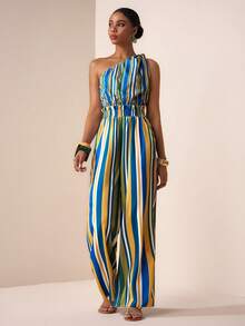 Zivah 2026 Spring/Summer New Arrival Spaghetti Strap Twist Front Crop Top + Straight Loose Pants Women 2 Pieces Set, Frill Trim, Real Pockets, Striped & Floral Print, Vacation Outfit - Multicolor - View 3