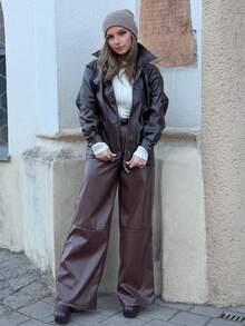 Jeta Ari Fashionable Versatile Commuter PU Regular Jacket, Autumn - Brown - View 1