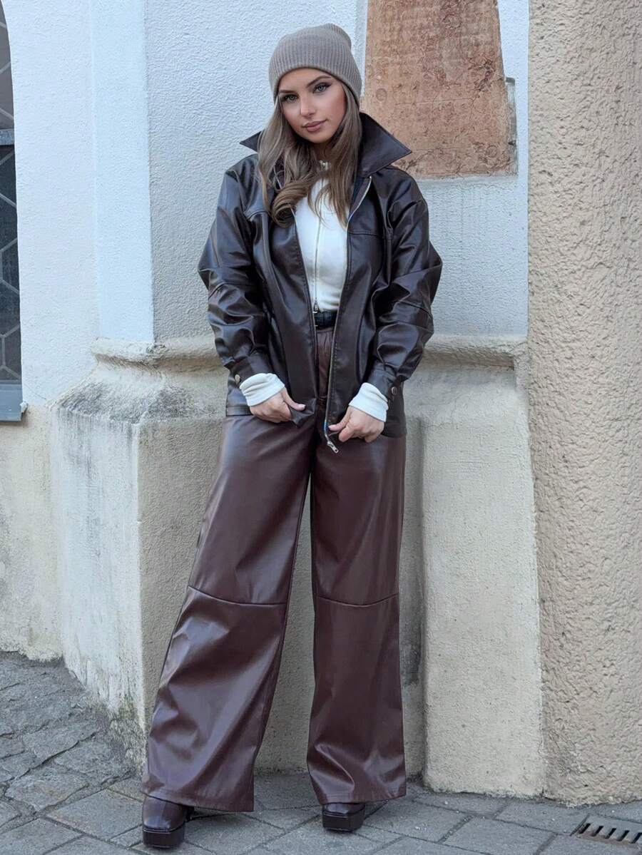 Jeta Ari Fashionable Versatile Commuter PU Regular Jacket, Autumn - Brown - View 1