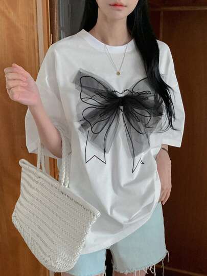 DAZY 少女蝴蝶结网眼装饰圆领短袖T恤