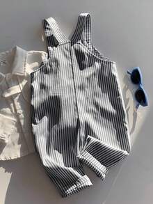 SHEIN Bộ áo liền quần yếm cho bé trai kiểu dáng thường ngày, dễ thương, đa năng, họa tiết sọc hoạt hình hình gấu. - Đen và trắng - Xem 2