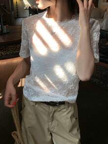 DAZY Women's Hollow Mesh Crochet Lace Short Sleeve Blouse Top - White - View 6