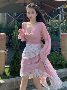 DAZY Women's Sexy V-Neck Asymmetrical Flared Lace Dress - Pink - View 2