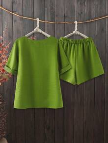 Linhara Summer New Casual Simple Green Beach Vacation 2 Pieces Set, Vintage Countryside Texture Fabric Outfit - Green - View 2