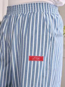 SWAVVY Men's Letter Printed Elastic Waist Loose Striped Wide Leg Pants - Blue - View 5