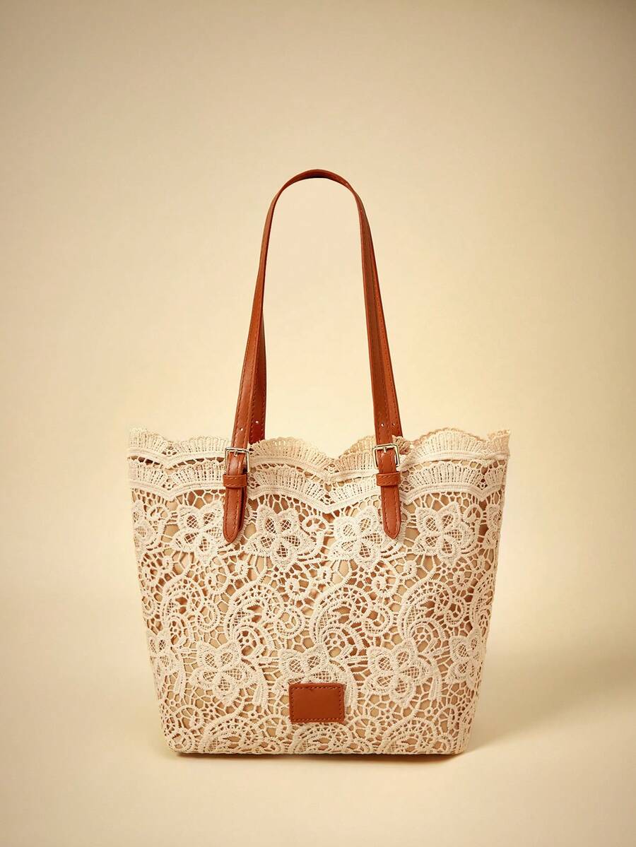 Travachic Summer Fresh & Gentle Lace Tote Bag, Hollow Out Casual Large Capacity Handbag For Work & Commute - Khaki - View 1