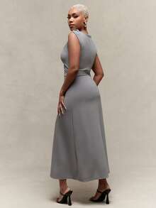 Vixey Twisted Sleeve Fit And Flare Midi Office Dress - Grey - View 5