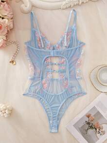 1pc Women's Sexy Lingerie Floral Embroidery Mesh Jumpsuit - Multicolor - View 2