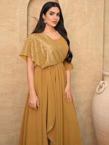 DAZY 女士优雅亮片拼接不对称连衣裙，夏季 - 黃色 - 查看 4