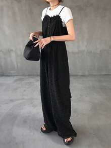 FRIFUL Damen Ärmellose Jumpsuit mit Spitzendekor für Frauen Loungewear Sets für Damen im Sommer - Schwarz - Übersicht 3