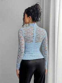 Rafferiza Women's Elegant Baby Blue Paisley Sheer Lace Long Sleeve T-Shirt - Baby Blue - View 2