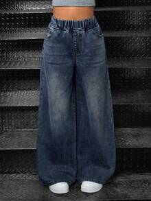 SHEIN Tween Girls' Elastic Waist Pockets Wide Leg Loose Casual Jeans - Dark Wash - View 4
