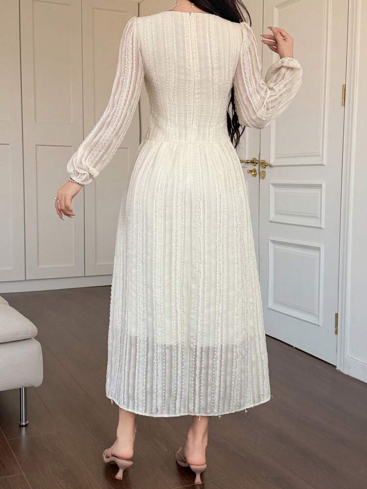 French Romantic V-Neck Waist Cinched Long Sleeve Dress, Slimming & Elegant Sundress