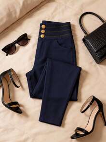 Maritza - Pantalón costillero skinny con botones dorados - Azul - Ver 5
