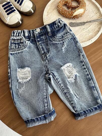 SHEIN LMoss Kids Baby Boy Blue Denim Skinny Tapered Pants
