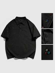 ROMWE MEN Áo Polo nam đính cườm dày dặn, cổ bẻ, tay ngắn, thích hợp mặc ngoài trời mùa hè và hàng ngày, phù hợp cho mùa xuân, thu và hè 2026. - màu đen - Xem 1