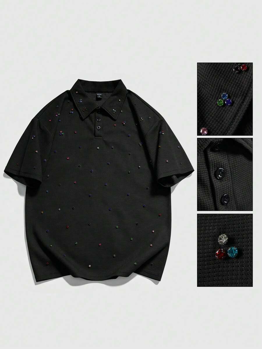 ROMWE MEN Áo Polo nam đính cườm dày dặn, cổ bẻ, tay ngắn, thích hợp mặc ngoài trời mùa hè và hàng ngày, phù hợp cho mùa xuân, thu và hè 2026. - màu đen - Xem 1