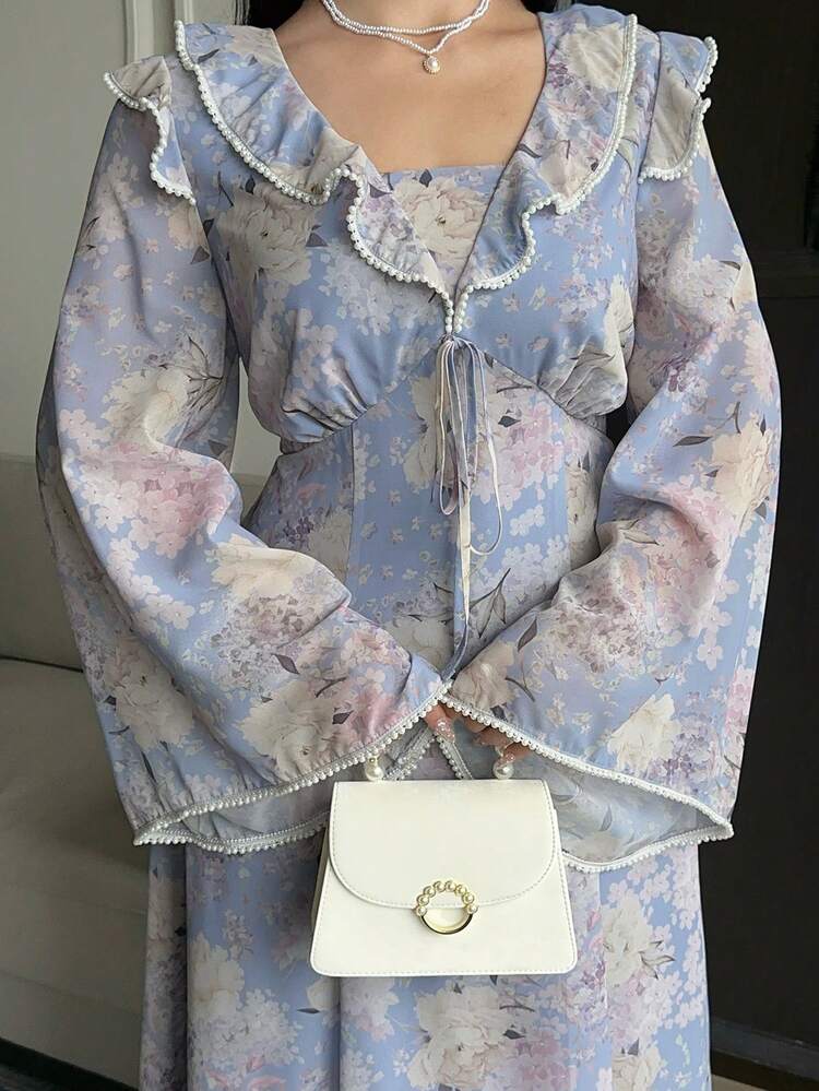 Dazy Plus Plus Size Women Floral Print Patchwork Ruffle Trim Tie Front Flare Sleeve Elegant Dress Boho Sun Dresses For Women