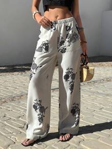EURMUSE Women Linen Fabric And Printed Detailed Wide Leg Pants Fake Linen - Beige - View 4