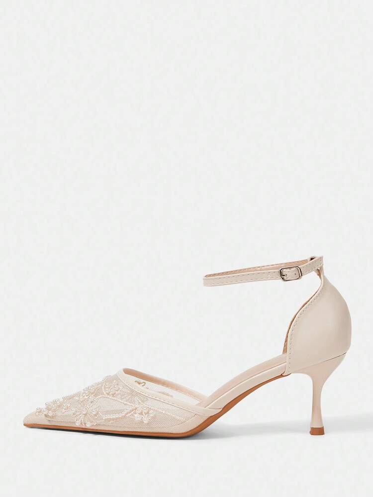 CUCCOO HITCHD Women Shoes Spring And Summer New Pearl Embroidery Pointed Toe Thin Heel Buckle 6.5cm Women's High Heel Shoes Elegant Mesh Splicing Solid Color Commuter Dating Wedding Bridesmaid Shoes