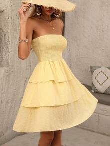 SHEIN Holidaya Casual Vacation Ruffled Layered Textured Sweet Fit & Flare Dress For Women, Spring/Summer - Yellow - View 4