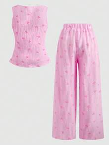 Conjunto de blusa sin mangas de cuello redondo y pantalones elegante y minimalista para niña preadolescente - Rosa - Ver 2