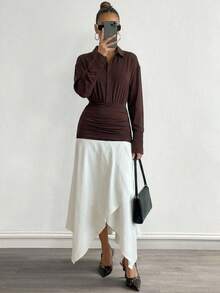 Lumalex Vestido de mujer de manga larga con cuello y bloque de color elegante - Marrón - Ver 4