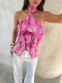 Aloruh Women's Elegant Multi-Layer Ruffle Trim Stand Collar Fitted Tank Top - Multicolor - View 3