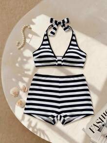 Swim Vcay Women's Vacation Beach Striped Swimsuit Set - Black and White - View 2