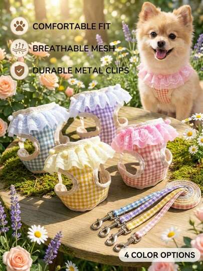 PETSIN Adjustable Small Medium Size Soft Breathable Mesh With Durable Nylon Pet Traction Rope Set Checkered Lace Design With Practical Mesh Pocket No Pull No Choke Reflective Anti Escape Safety Lock Buckle Easy Control Chest Back Harness Walking Leash For Dogs And Cats Suitable For Daily Walking Outdoor Adventure Travel Four Seasons Use Pet Day Gifts Fashion Pet Supplies