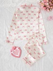 情人节家居服套装，蝴蝶结爱心设计，优雅别致的杏色面料，蝴蝶结印花长袖开衫和长裤两件套，休闲舒适，适合青少年女孩。 - 白色 - 查看 2