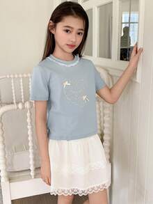 DAZY Girls Embroidered Round Neck Knit Short Sleeve T-Shirt And Skirt 2-Piece Set, Tween Girl Fall Outfit - Blue - View 4