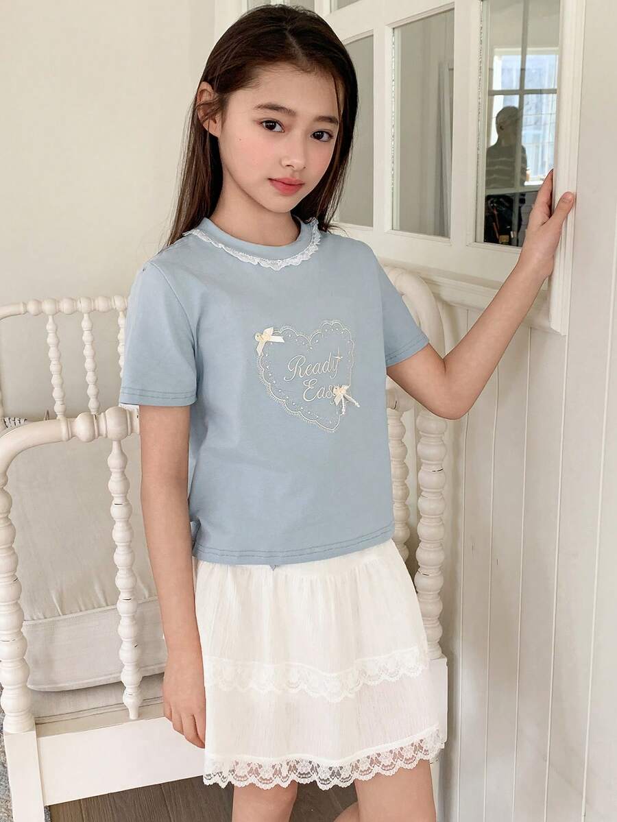 DAZY 女童刺绣圆领针织短袖T恤和裙子两件套，少女秋季服装 - 藍色 - 查看 1