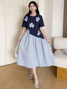 Teenage Girls' Navy Blue Summer Cute Round Neck Short Sleeve A-Line Patchwork Striped Cotton Dress,Handmade 3D Flower Decor,Party Prom School Wear - Blue - View 5
