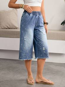 Breezaya Pantalones vaqueros de mujer con bordado de margaritas y efecto desgastado, pantalones casuales de verano para mujer, pantalones vaqueros de mujer con bordado floral, atuendos de playa para mujer - Azul - Ver 5