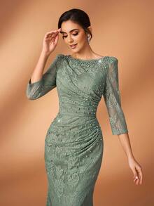 Serin Elegant Luxurious Diamond Beaded Elastic Lace Sheer Sleeve Ruched Mermaid Skirt, Suitable For Weddings, Parties, Vacations, Balls, Holidays, Bride & Mother Of The Bride Evening Gowns - Green - View 5