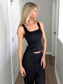 Sydney Algeri New Shiny Fabric Elegant Commuter Everyday Wear Waist Cinched Slim Fit Women Tank Top, Autumn - Black - View 6