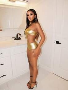 BamGleam Women's Gold PU Leather Hollow Out Halter Bodysuit,Summer Club Night Rave Outfits,Spring Vacation Beach Holiday Clothes, Tops For Women - Gold - View 5