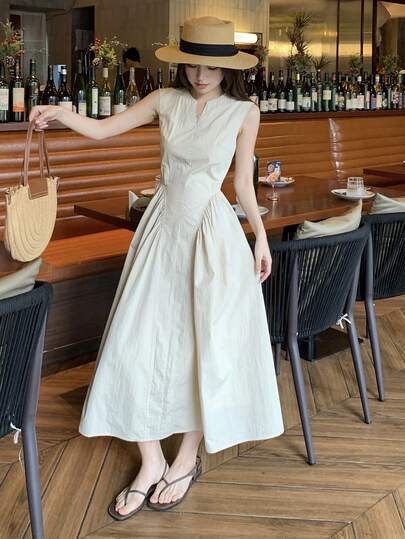 DAZY Women's Unique V-Neck Sleeveless Midi Dress, Elegant Korean Style