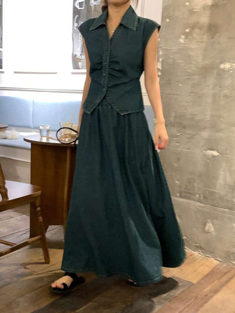 Women's Collared Sleeveless Blouse & Loose Denim Skirt 2-Piece Set Summer