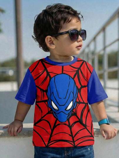 SHEIN Niño pequeño estilo casual, cómodo y suelto. Camiseta de manga corta con cuello redondo, estilo clásico de bloqueo de color con estampado de araña, adecuada para el verano