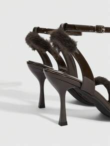 CUCCOO SZL 女士毛绒拼接搭扣设计优雅高跟凉鞋 - 棕色 - 查看 9