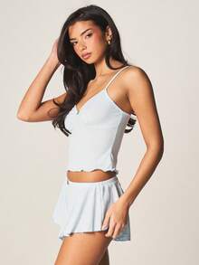 MISSGUIDED 镂空罗纹吊带背心和荷叶边下摆短款睡衣套装家居服两件套 - 藍色 - 查看 4
