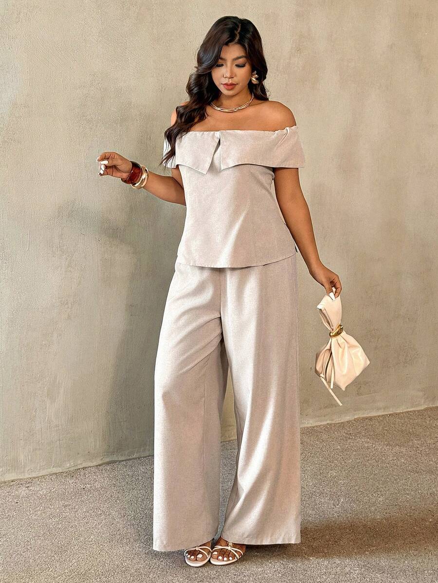 Auralis Plus Size Women's Casual Vacation & Commute Solid Color Foldover Off Shoulder Top And Wide Leg Pants Set, Spring/Summer, Summer Outfits - Khaki - View 1