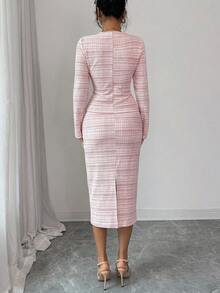 Elenzga Elegant Commuter Chic Elastic Tweed Silver Thread Texture Suit, Pearl Button Cardigan V-Neck T-Shirt Slim Fit + Elastic Waist A-Line Skirt, Women 2-Piece Set, Autumn/Winter - Multicolor - View 3