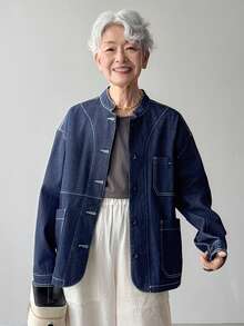 FRIFUL 女士立领口袋撞色缝线设计宽松休闲牛仔夹克外套 - 藍色 - 查看 7