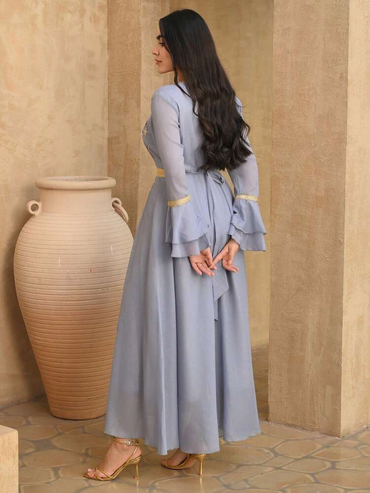 Women's Elegant Sequin Embroidery Contrast Color Block Flare Sleeve Dress, Spring/Summer,Wedding Guest Dress Women Sundress