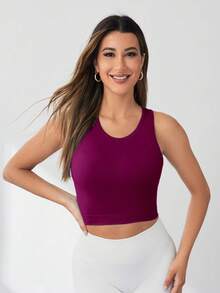 Eassivo Eassivo 女士反光条纹高弹无缝短款运动背心，夏季短款上衣，女士健身运动短款上衣，酒红色运动上衣，栗色运动上衣，短款运动上衣，健身服，女士运动服，健身上衣，女士运动上衣 - 中紫紅色 - 查看 3