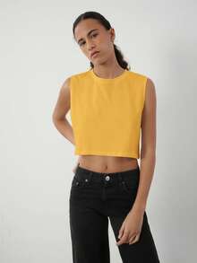 SHEIN BASICS 女士休闲纯色圆领露脐背心，夏季 - 黃色 - 查看 5